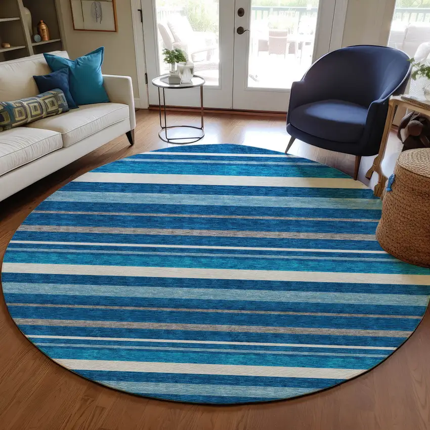 8' Denim Blue Gray And Ivory Round Striped Washable Indoor Outdoor Area Rug Photo 7