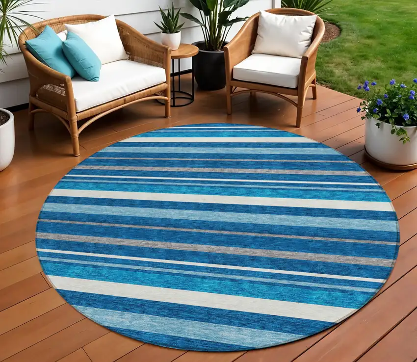 8' Denim Blue Gray And Ivory Round Striped Washable Indoor Outdoor Area Rug Photo 1