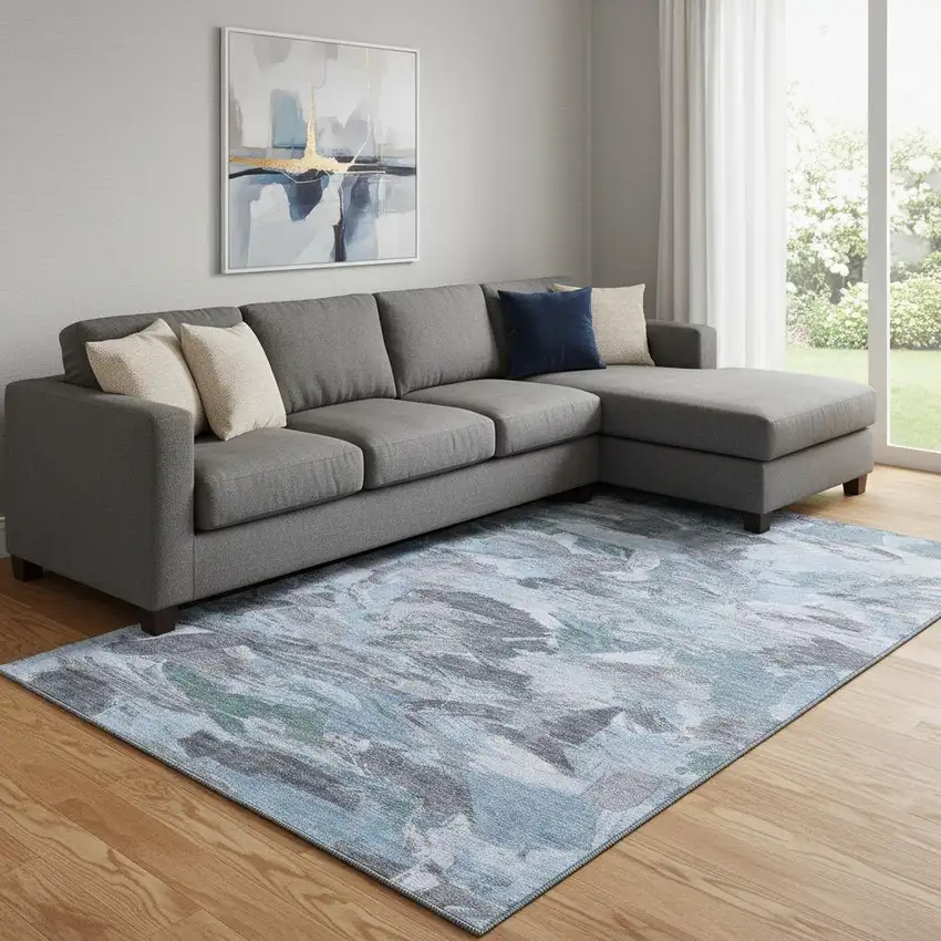 8' Denim Blue Gray And Silver Abstract Washable Area Rug With UV Protection Photo 2