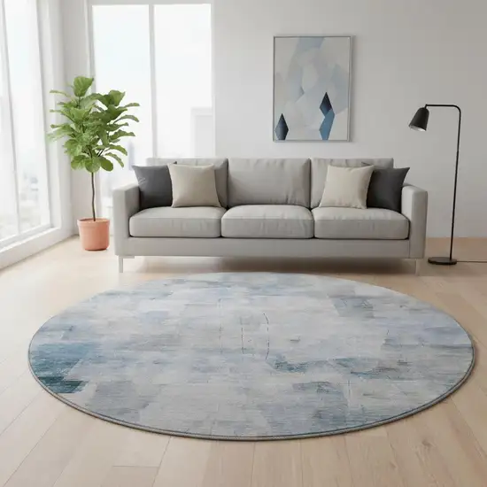 8' Denim Blue Gray And Silver Abstract Washable Round Rug With UV Protection Photo 2