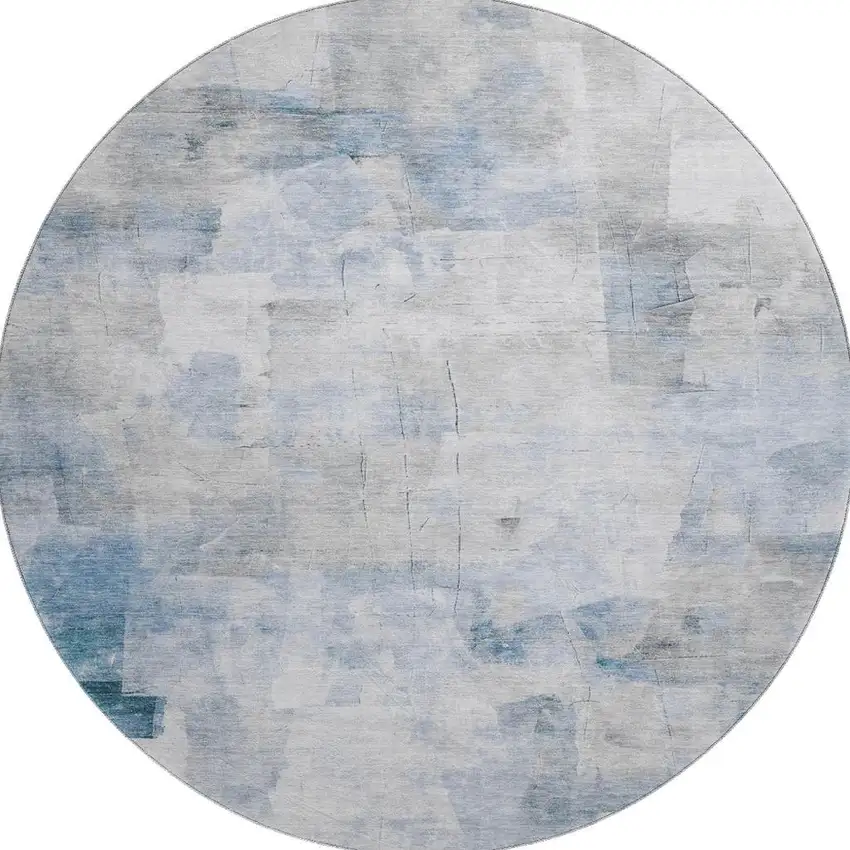 8' Denim Blue Gray And Silver Abstract Washable Round Rug With UV Protection Photo 3