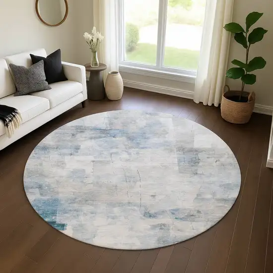 8' Denim Blue Gray And Silver Abstract Washable Round Rug With UV Protection Photo 4