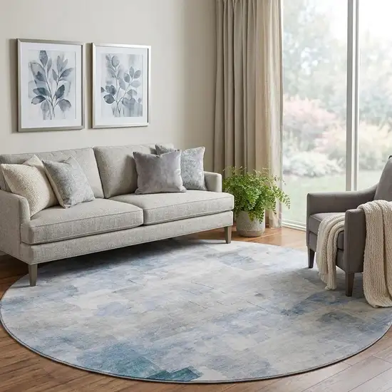 8' Denim Blue Gray And Silver Abstract Washable Round Rug With UV Protection Photo 1