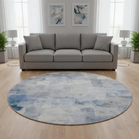 8' Denim Blue Gray And Silver Abstract Washable Round Rug With UV Protection Photo 2