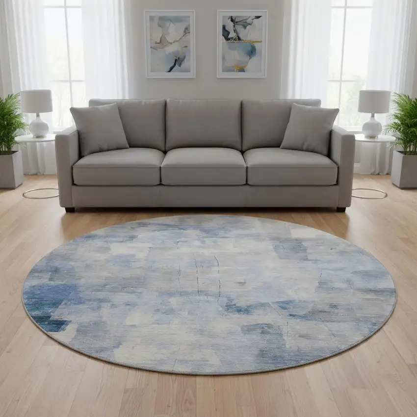 8' Denim Blue Gray And Silver Abstract Washable Round Rug With UV Protection Photo 2