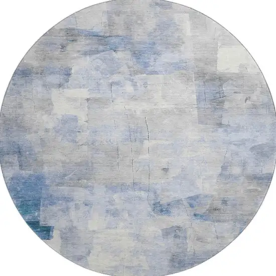 8' Denim Blue Gray And Silver Abstract Washable Round Rug With UV Protection Photo 3