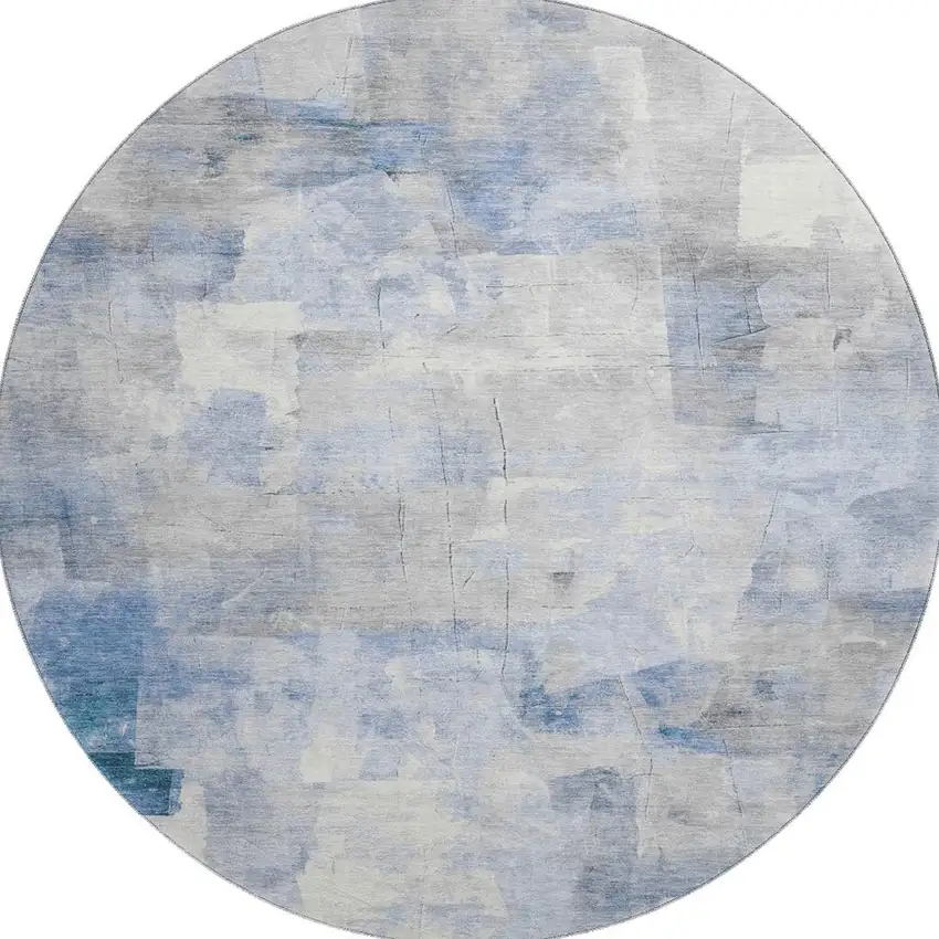 8' Denim Blue Gray And Silver Abstract Washable Round Rug With UV Protection Photo 3