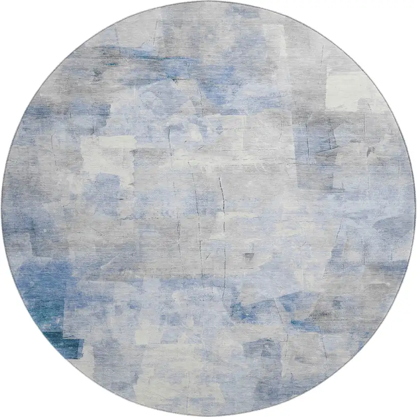 8' Denim Blue Gray And Silver Abstract Washable Round Rug With UV Protection Photo 1