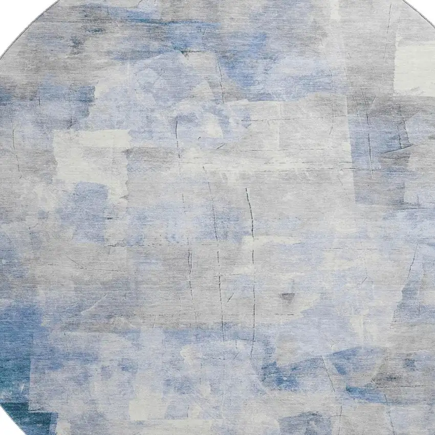 8' Denim Blue Gray And Silver Abstract Washable Round Rug With UV Protection Photo 2