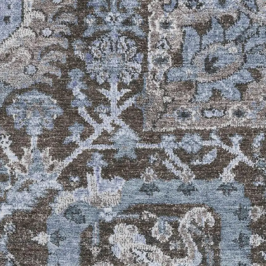 8' Denim Blue Gray And Silver Damask Washable Area Rug With UV Protection Photo 2