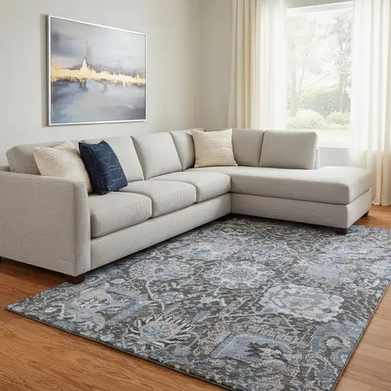 8' Denim Blue Gray And Silver Damask Washable Area Rug With UV Protection Photo 2