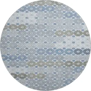 Photo of 8' Denim Blue Gray And Silver Geometric Washable Round Rug With UV Protection