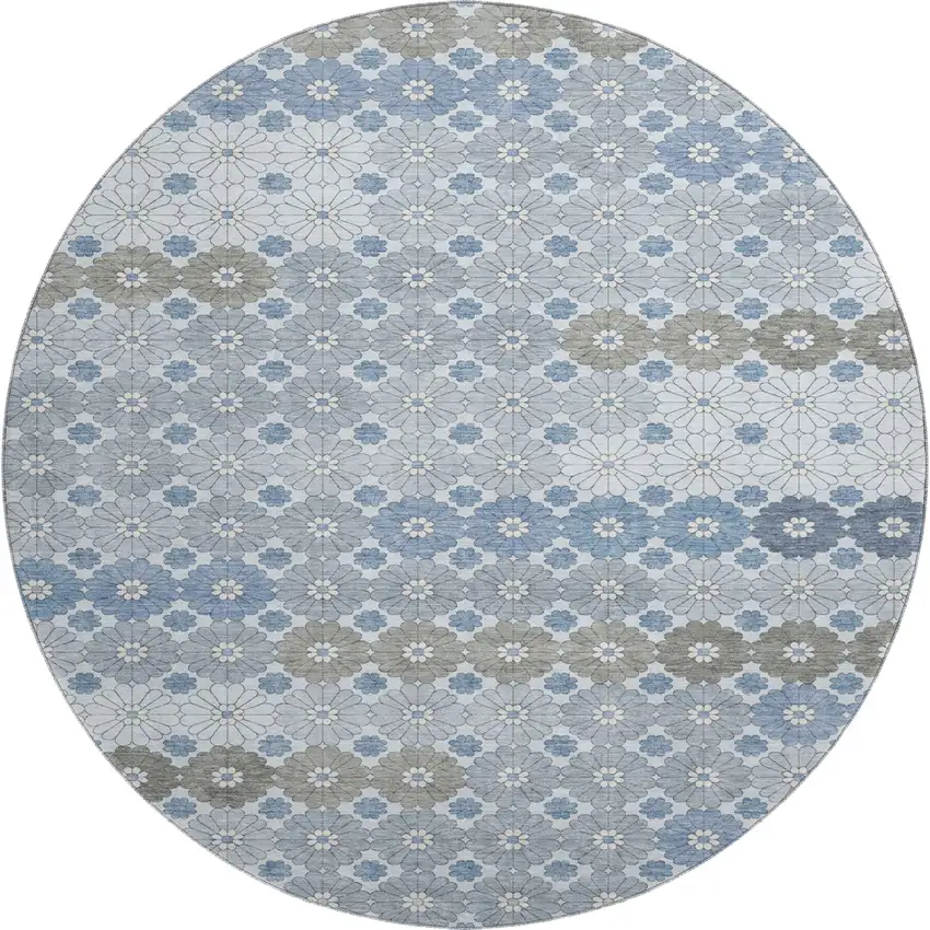 8' Denim Blue Gray And Silver Geometric Washable Round Rug With UV Protection Photo 1