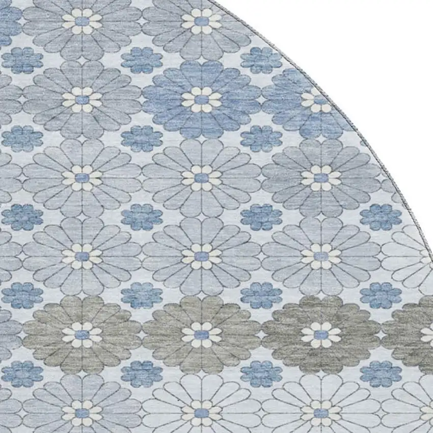 8' Denim Blue Gray And Silver Geometric Washable Round Rug With UV Protection Photo 2