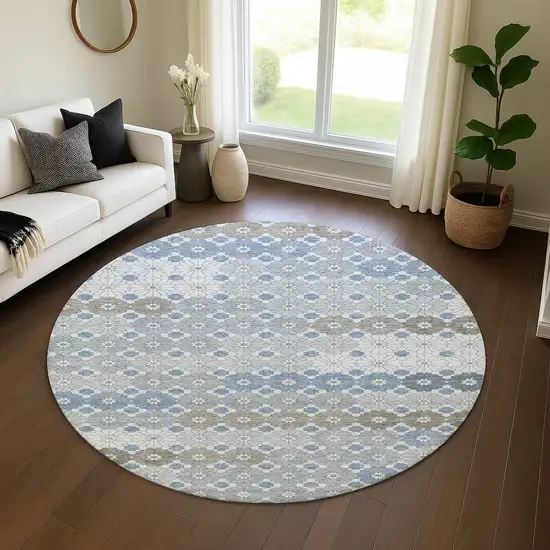 8' Denim Blue Gray And Silver Geometric Washable Round Rug With UV Protection Photo 4