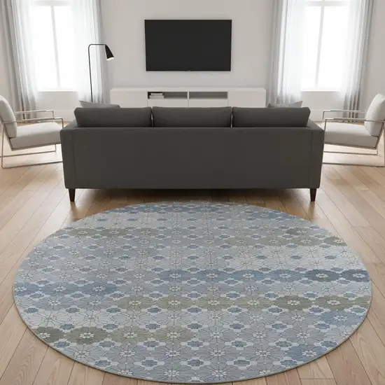 8' Denim Blue Gray And Silver Geometric Washable Round Rug With UV Protection Photo 2