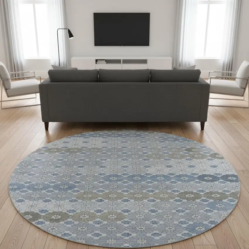 8' Denim Blue Gray And Silver Geometric Washable Round Rug With UV Protection Photo 2