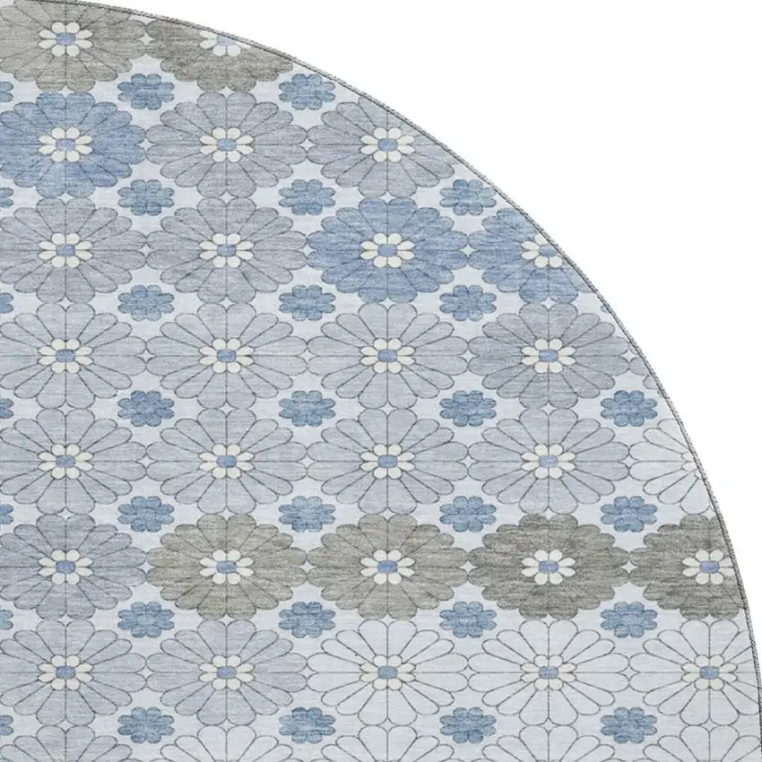 8' Denim Blue Gray And Silver Geometric Washable Round Rug With UV Protection Photo 3