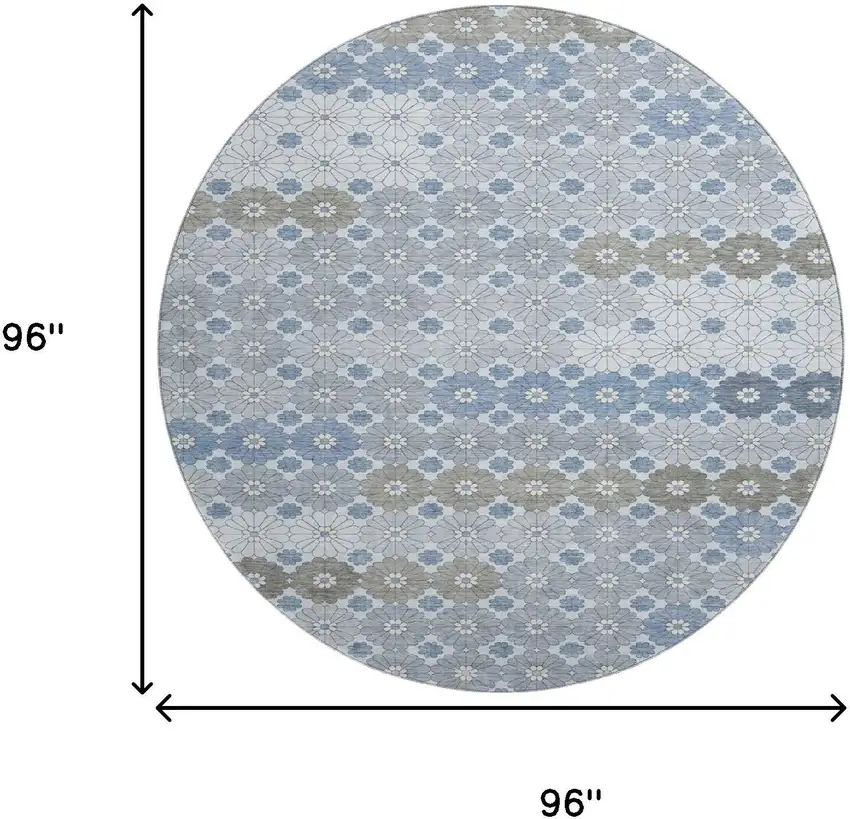 8' Denim Blue Gray And Silver Geometric Washable Round Rug With UV Protection Photo 9