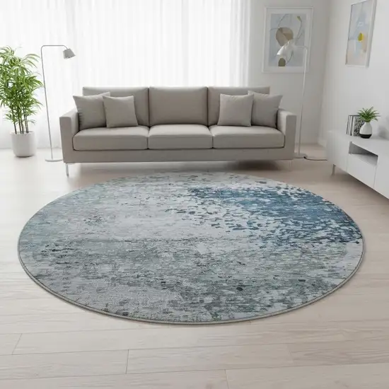 8' Denim Blue Gray And Sky Blue Abstract Washable Round Rug With UV Protection Photo 2