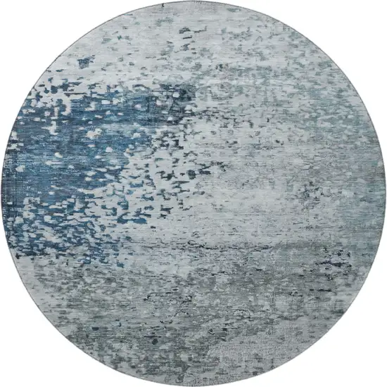 8' Denim Blue Gray And Sky Blue Abstract Washable Round Rug With UV Protection Photo 2