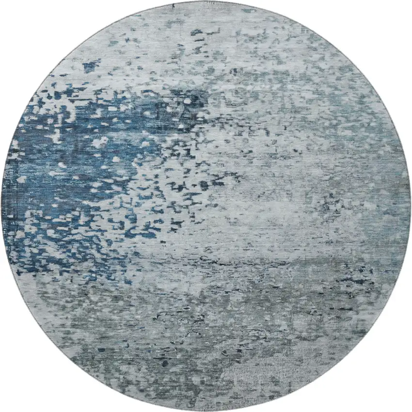 8' Denim Blue Gray And Sky Blue Abstract Washable Round Rug With UV Protection Photo 2