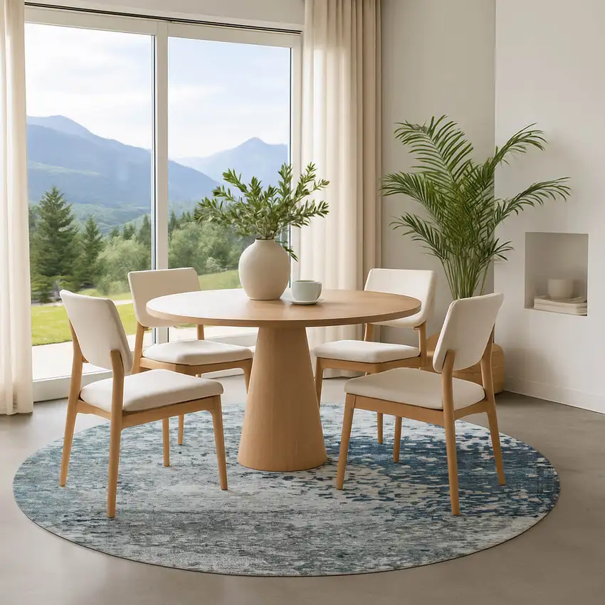 8' Denim Blue Gray And Sky Blue Abstract Washable Round Rug With UV Protection Photo 3