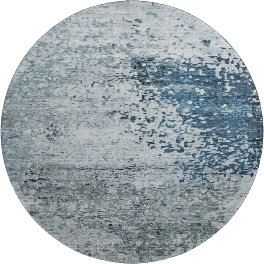 8' Denim Blue Gray And Sky Blue Abstract Washable Round Rug With UV Protection Photo 1