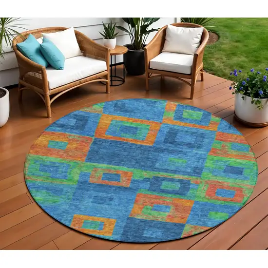 8' Denim Blue Green And Copper Round Geometric Washable Indoor Outdoor Area Rug Photo 1
