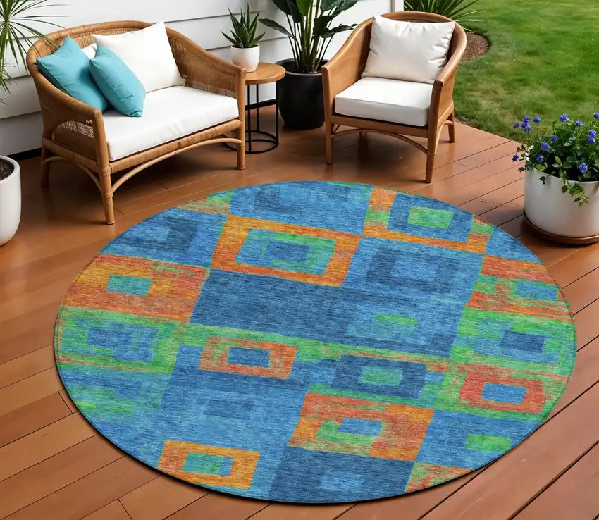 8' Denim Blue Green And Copper Round Geometric Washable Indoor Outdoor Area Rug Photo 1