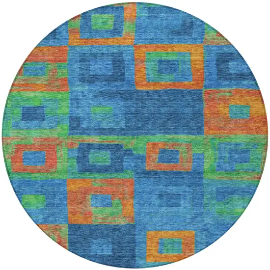 8' Denim Blue Green And Copper Round Geometric Washable Indoor Outdoor Area Rug Photo 6