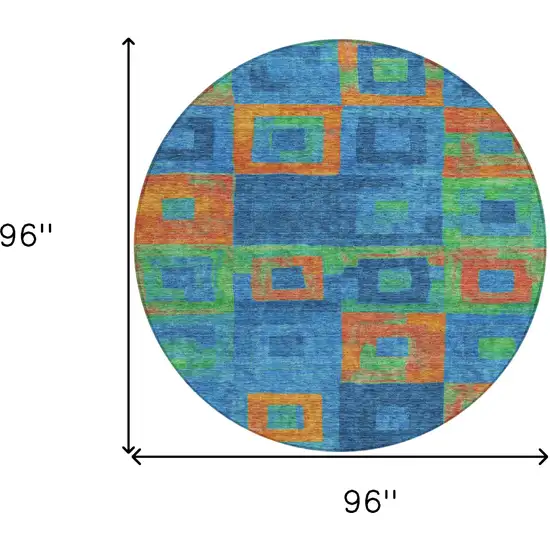 8' Denim Blue Green And Copper Round Geometric Washable Indoor Outdoor Area Rug Photo 9