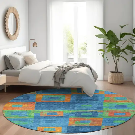 8' Denim Blue Green And Copper Round Geometric Washable Indoor Outdoor Area Rug Photo 8