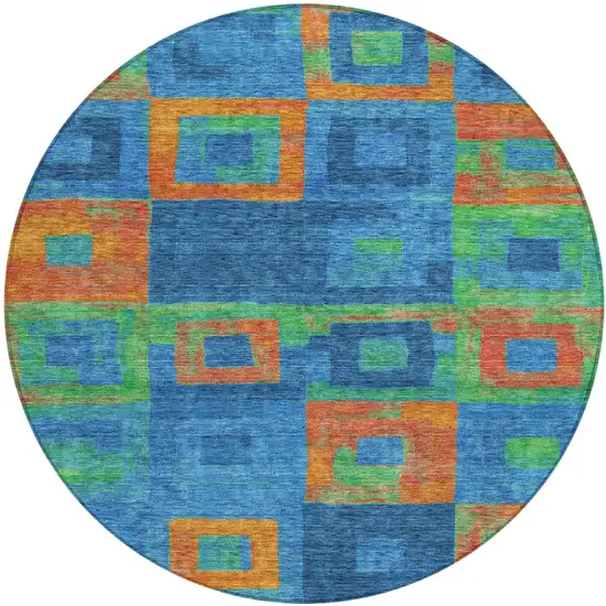 8' Denim Blue Green And Copper Round Geometric Washable Indoor Outdoor Area Rug Photo 2