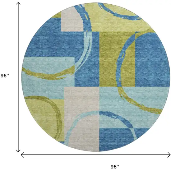 8' Denim Blue Green And Ivory Geometric Washable Round Rug With UV Protection Photo 9