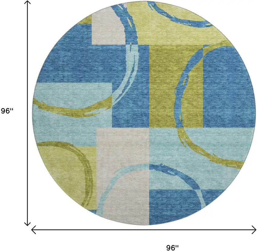 8' Denim Blue Green And Ivory Geometric Washable Round Rug With UV Protection Photo 9