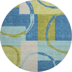 Photo of 8' Denim Blue Green And Ivory Geometric Washable Round Rug With UV Protection