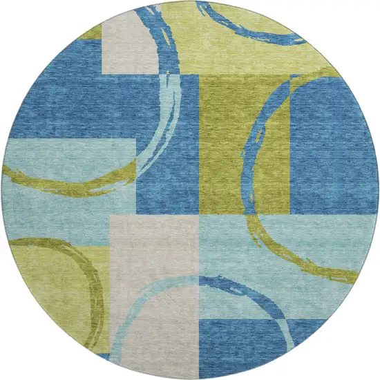 8' Denim Blue Green And Ivory Geometric Washable Round Rug With UV Protection Photo 1