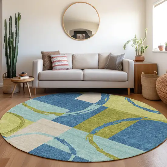 8' Denim Blue Green And Ivory Geometric Washable Round Rug With UV Protection Photo 4