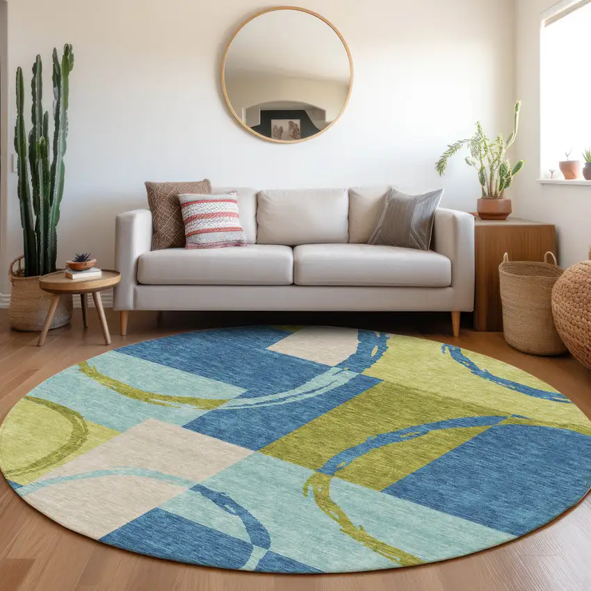8' Denim Blue Green And Ivory Geometric Washable Round Rug With UV Protection Photo 4