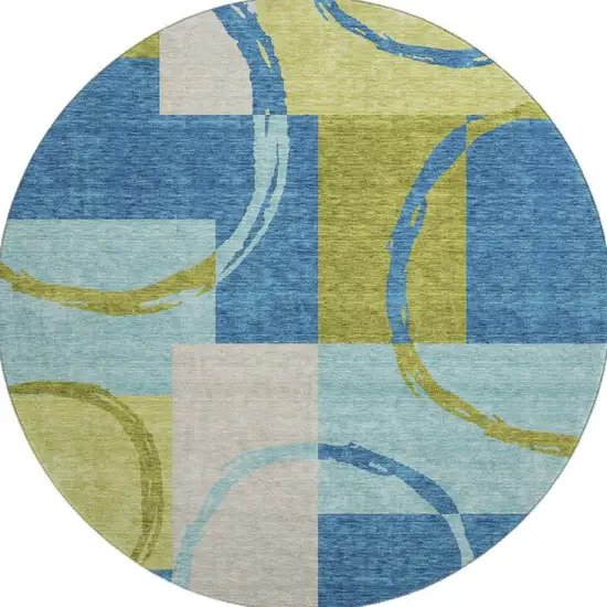 8' Denim Blue Green And Ivory Geometric Washable Round Rug With UV Protection Photo 3