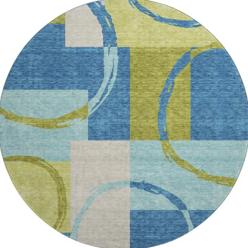 8' Denim Blue Green And Ivory Geometric Washable Round Rug With UV Protection Photo 3