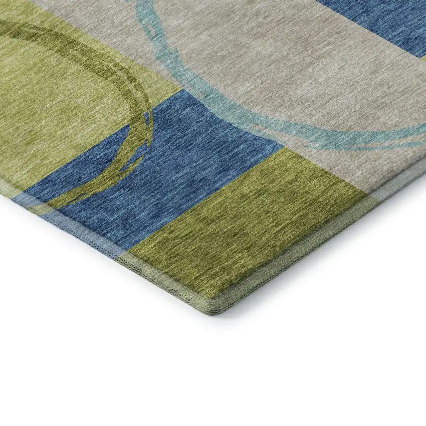 8' Denim Blue Green And Ivory Geometric Washable Round Rug With UV Protection Photo 6