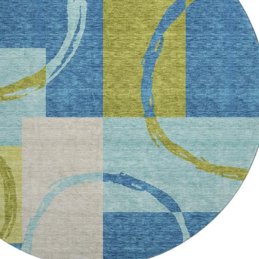 8' Denim Blue Green And Ivory Geometric Washable Round Rug With UV Protection Photo 2