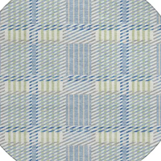 8' Denim Blue Green And Ivory Round Plaid Washable Indoor Outdoor Area Rug Photo 4