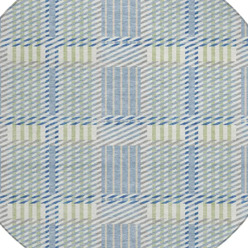 8' Denim Blue Green And Ivory Round Plaid Washable Indoor Outdoor Area Rug Photo 4