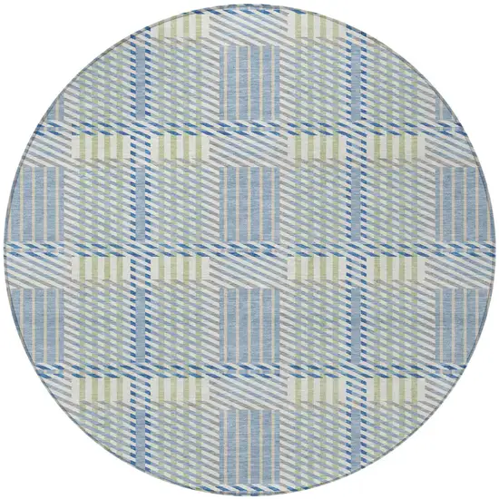 8' Denim Blue Green And Ivory Round Plaid Washable Indoor Outdoor Area Rug Photo 6