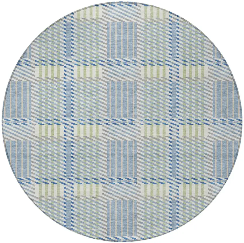 8' Denim Blue Green And Ivory Round Plaid Washable Indoor Outdoor Area Rug Photo 6