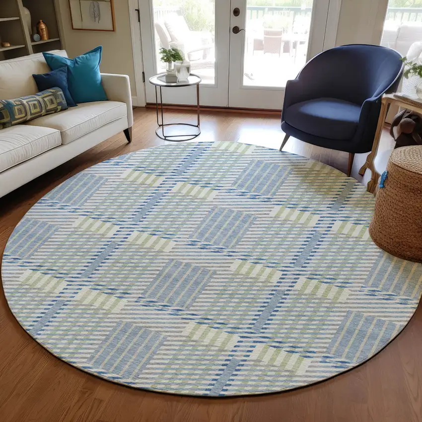 8' Denim Blue Green And Ivory Round Plaid Washable Indoor Outdoor Area Rug Photo 8