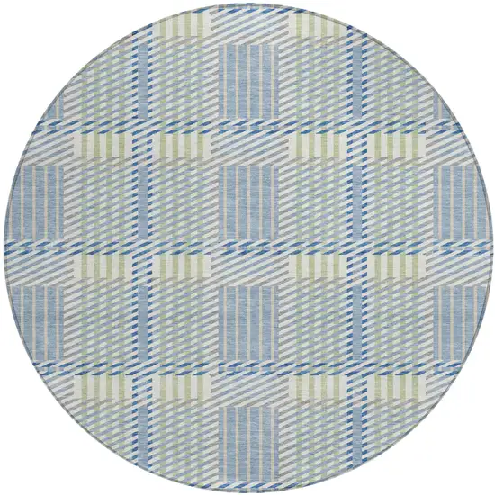 8' Denim Blue Green And Ivory Round Plaid Washable Indoor Outdoor Area Rug Photo 2